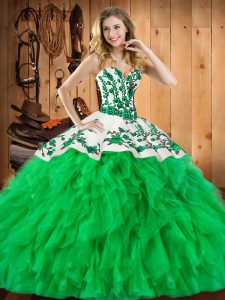 Green Ball Gowns Embroidery and Ruffles Quinceanera Dresses Lace Up Satin and Organza Sleeveless Floor Length