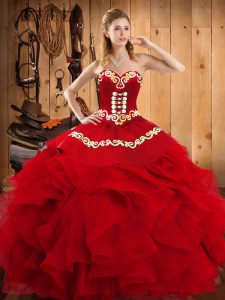 Most Popular Wine Red Sleeveless Embroidery and Ruffles Floor Length Quince Ball Gowns