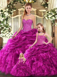 Ideal Sleeveless Organza Floor Length Lace Up Quinceanera Gowns in Fuchsia with Beading and Ruffles