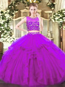 Sumptuous Purple Two Pieces Beading and Ruffles Sweet 16 Dresses Zipper Tulle Sleeveless Floor Length