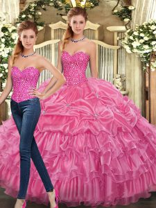 Sophisticated Rose Pink Sleeveless Organza Lace Up Quinceanera Gowns for Military Ball and Sweet 16 and Quinceanera