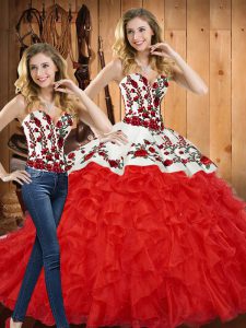 Pretty Red Sweetheart Lace Up Embroidery and Ruffles Quince Ball Gowns Sleeveless