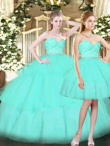 Colorful Aqua Blue Ball Gowns Sweetheart Sleeveless Tulle Floor Length Lace Up Ruching Ball Gown Prom Dress
