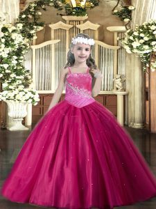 Low Price Tulle Straps Sleeveless Lace Up Beading Pageant Dress for Womens in Fuchsia