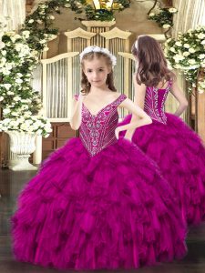 Sleeveless Floor Length Beading and Ruffles Lace Up Pageant Dress for Teens with Fuchsia