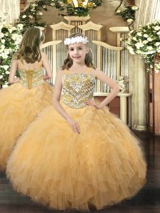 Straps Sleeveless Lace Up Little Girl Pageant Gowns Gold Organza