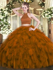 Charming Brown Ball Gowns Organza Halter Top Sleeveless Beading and Ruffles Floor Length Backless Quince Ball Gowns