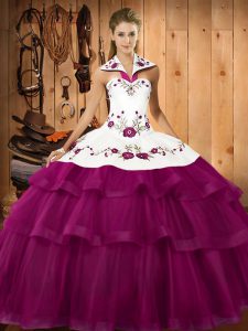 Hot Selling Fuchsia Sleeveless Sweep Train Embroidery and Ruffled Layers Quinceanera Dress