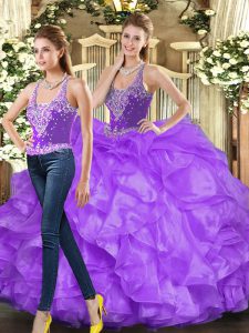 New Style Eggplant Purple and Purple Sleeveless Beading and Ruffles Floor Length Sweet 16 Quinceanera Dress