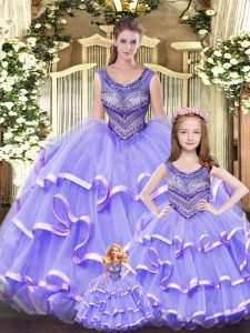 Super Floor Length Lace Up Sweet 16 Quinceanera Dress Lilac for Military Ball and Sweet 16 and Quinceanera with Beading 