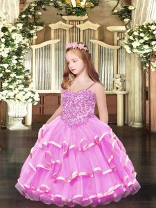 Excellent Spaghetti Straps Sleeveless Pageant Dress for Girls Floor Length Appliques and Ruffled Layers Rose Pink Organz