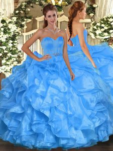 Popular Baby Blue Ball Gowns Organza Sweetheart Sleeveless Beading and Ruffles Floor Length Lace Up 15th Birthday Dress