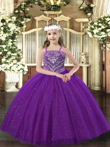 Floor Length Purple Little Girls Pageant Dress Tulle Sleeveless Beading