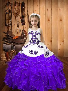 Stunning Sleeveless Floor Length Embroidery and Ruffles Lace Up Little Girl Pageant Dress with Eggplant Purple
