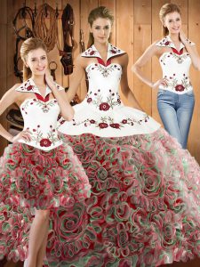 High Quality Multi-color Halter Top Lace Up Embroidery Quinceanera Dress Sweep Train Sleeveless