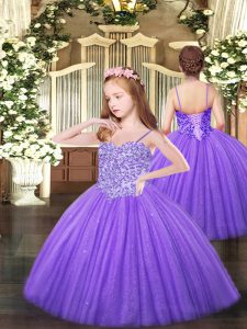 Lavender Lace Up Spaghetti Straps Appliques Little Girl Pageant Gowns Tulle Sleeveless