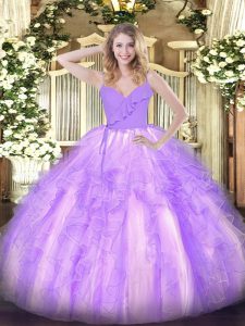 Ball Gowns Quince Ball Gowns Lavender Spaghetti Straps Organza Sleeveless Floor Length Zipper