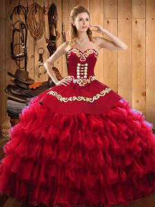 Perfect Floor Length Wine Red Quince Ball Gowns Satin and Organza Sleeveless Embroidery and Ruffled Layers