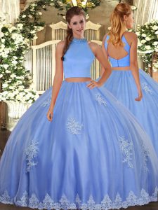 Designer Tulle Halter Top Sleeveless Backless Beading and Appliques Sweet 16 Quinceanera Dress in Baby Blue