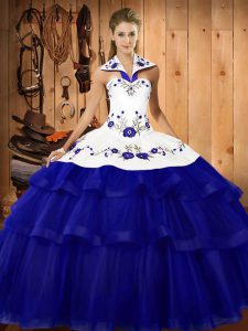 Royal Blue Ball Gowns Embroidery and Ruffled Layers Quinceanera Dress Lace Up Organza Sleeveless
