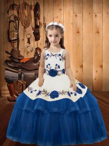 New Style Straps Sleeveless Girls Pageant Dresses Floor Length Embroidery and Ruffled Layers Blue Organza