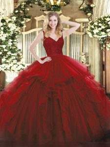 Wine Red Organza Zipper Quinceanera Gown Sleeveless Floor Length Beading and Ruffles