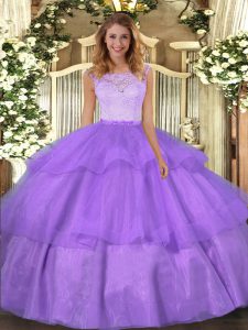 Lavender Quinceanera Gowns Military Ball and Sweet 16 and Quinceanera with Lace and Ruffled Layers Scoop Sleeveless Clas