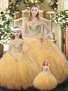 Designer Floor Length Lace Up Sweet 16 Dress Gold for Military Ball and Sweet 16 and Quinceanera with Beading and Ruffle