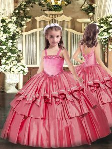 Straps Sleeveless Lace Up Pageant Gowns For Girls Coral Red Organza