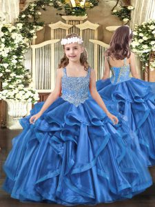 Top Selling Ball Gowns Pageant Dresses Baby Blue Straps Organza Sleeveless Floor Length Lace Up