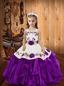 Purple Kids Pageant Dress Sweet 16 and Quinceanera with Embroidery and Ruffles Straps Sleeveless Lace Up