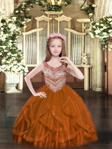 High Class Rust Red Tulle Lace Up Scoop Sleeveless Floor Length Little Girls Pageant Dress Wholesale Beading and Ruffles