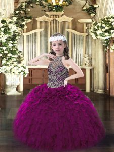 Fuchsia Organza Lace Up Halter Top Sleeveless Floor Length Pageant Dress Beading and Ruffles
