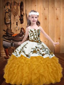 Sleeveless Floor Length Embroidery and Ruffles Lace Up Little Girl Pageant Dress with Gold