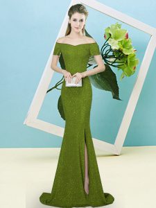 Olive Green Prom Gown Off The Shoulder Short Sleeves Sweep Train Zipper