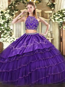 Spectacular Floor Length Purple 15th Birthday Dress Tulle Sleeveless Beading and Embroidery and Ruffled Layers