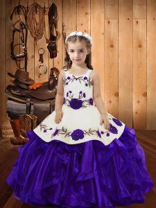 Excellent Purple Sleeveless Floor Length Embroidery and Ruffles Lace Up Girls Pageant Dresses