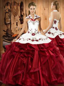 Attractive Floor Length Wine Red Quinceanera Dress Halter Top Sleeveless Lace Up