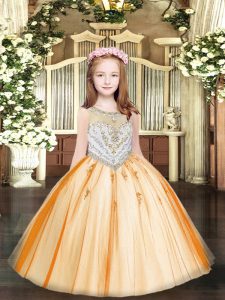 Most Popular Orange Tulle Zipper Scoop Sleeveless Floor Length Little Girls Pageant Dress Wholesale Beading and Applique
