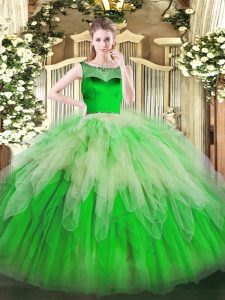 Free and Easy Green Scoop Zipper Beading and Ruffles Quinceanera Dress Sleeveless