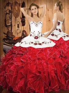 Excellent White And Red Halter Top Lace Up Embroidery and Ruffles Quince Ball Gowns Sleeveless