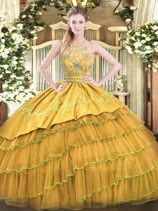 Gold Ball Gowns Beading and Embroidery and Ruffled Layers Quinceanera Gown Zipper Satin and Organza Sleeveless Floor Len