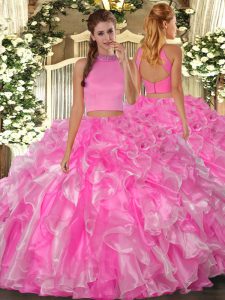 Sleeveless Organza Floor Length Backless Quinceanera Gown in Rose Pink with Beading and Ruffles