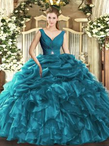 Smart Teal Sleeveless Beading and Ruffles Floor Length Quinceanera Gown