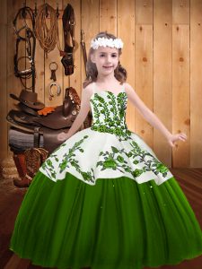 Modern Green Tulle Lace Up Straps Sleeveless Floor Length Pageant Dress Toddler Embroidery