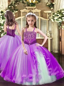 Trendy Lilac Ball Gowns Straps Sleeveless Tulle Floor Length Lace Up Beading Little Girls Pageant Dress Wholesale