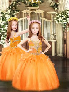 Orange Spaghetti Straps Neckline Beading Little Girl Pageant Dress Sleeveless Lace Up