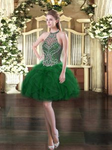 Decent Dark Green Tulle Lace Up Prom Evening Gown Sleeveless Mini Length Beading and Ruffles