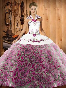 Halter Top Sleeveless Sweet 16 Quinceanera Dress Sweep Train Embroidery Multi-color Fabric With Rolling Flowers