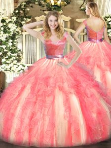 Tulle V-neck Sleeveless Zipper Beading and Ruffles Quinceanera Dresses in Watermelon Red